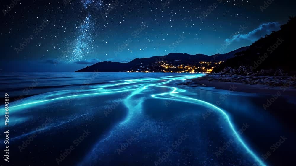 Bioluminescent ocean waves glow at night under a starry sky near a coastal town Bioluminescent ocean waves glow at night under a starry sky near a coastal town