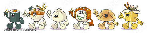 Retro cute sushi character set - cartoon mascots with funny faces holding walking and waving hands. Japanese food elements persons - rolls, bakery and noodle. Kawaii anime style, comic sticker design.