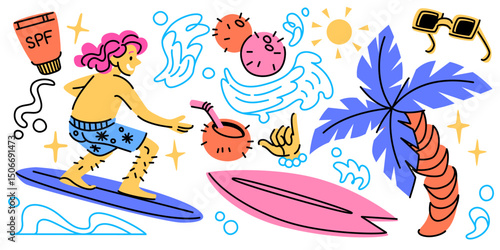 Retro tropical sticker set - vibrant surfing male character, palm trees and waves, sunglasses and sunscreen cream tube, coconut and surf board. Playful 90s style doodle fun summer beach vacation vibes