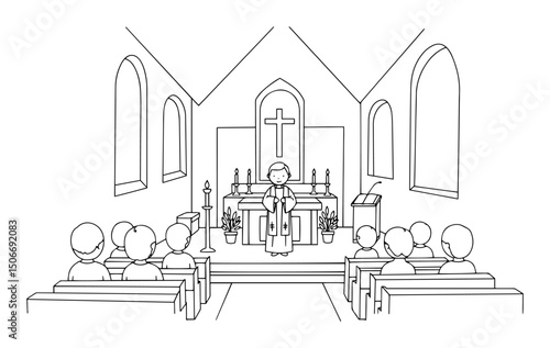 church interior outline - priest preaching in front of congregation