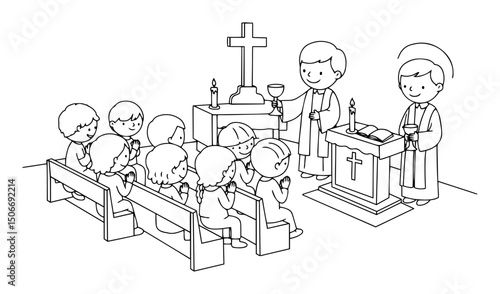 church children praying outline - sunday school vector scene