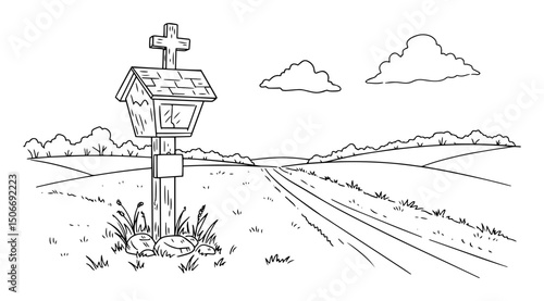 roadside cross outline - christian symbol in rural landscape