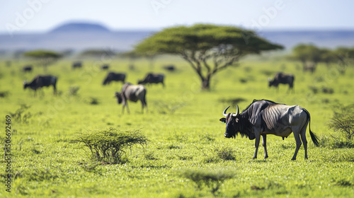 Wallpaper Mural Safari adventure in savannah showcases wildebeests grazing in lush green grass under clear blue sky Torontodigital.ca