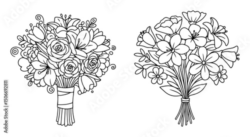 flower bouquets outline - romantic hand drawn floral vector