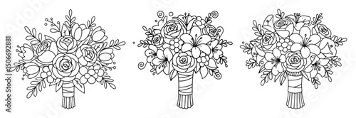 wedding bouquets set outline - hand drawn floral vector