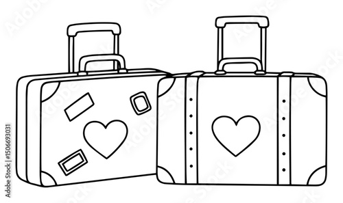 wedding luggage outline - romantic honeymoon travel bags vector