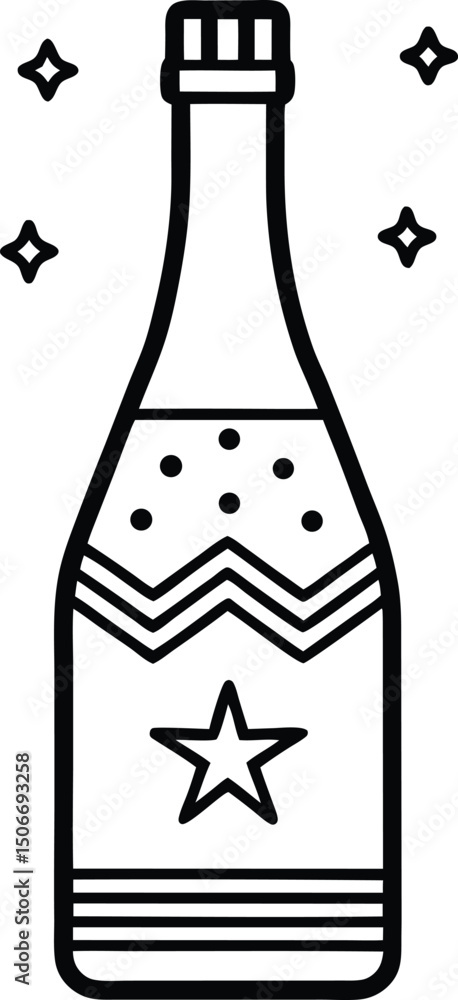 Elegant Champagne Bottle Line Art with Patriotic Star Details for Independence Day Elegant Champagne Bottle Line Art with Patriotic Star Details for Independence Day