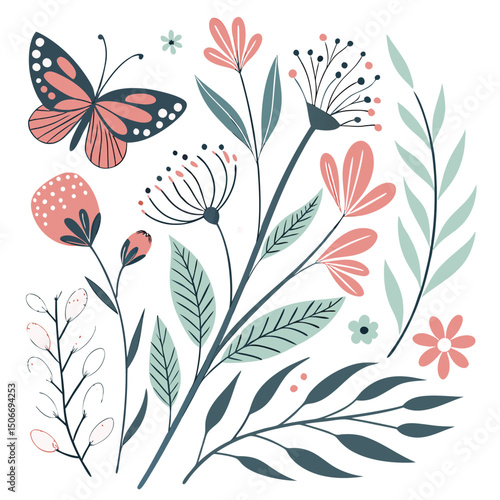 Watercolor flower,A detailed watercolor painting featuring vibrant orange butterflies fluttering above lush purple lavender, capturing the beauty of nature and pollinators on a white background