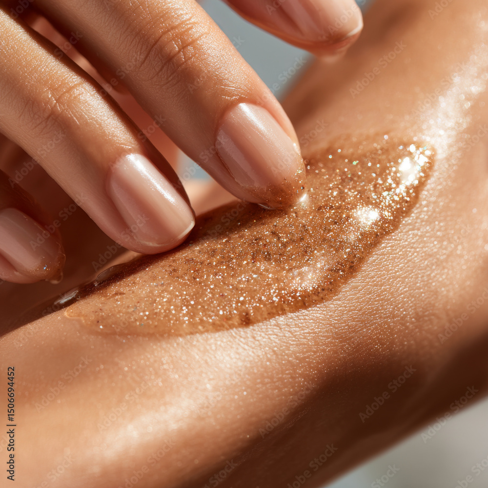 Fototapeta premium Glittery body scrub applied on smooth skin with natural nails gently touching exfoliating product for glowing care
