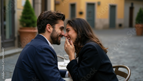 Intimate couple sharing a secret at Italian street cafe. Young man whispering to smiling woman. Romance and Italian lifestyle concept. Romantic pair laughing together.