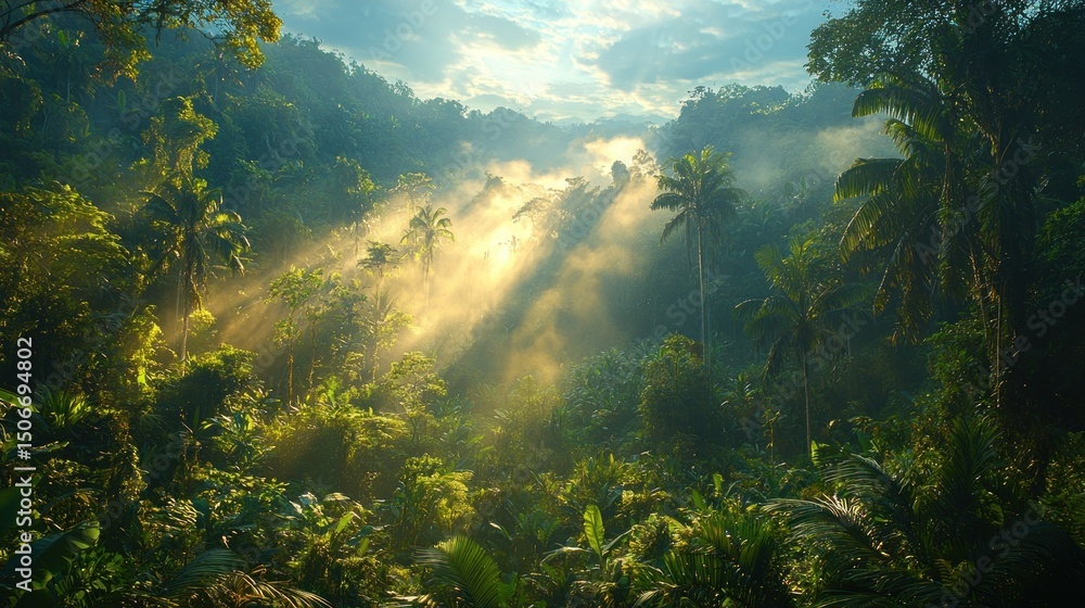 Lush jungle sunrise, sunbeams through mist Lush jungle sunrise, sunbeams through mist