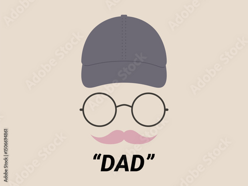 A minimalist illustration of a dad hat, glasses, and pink mustache simple art with round spectacles and a casual cap on beige background, playful and modern.