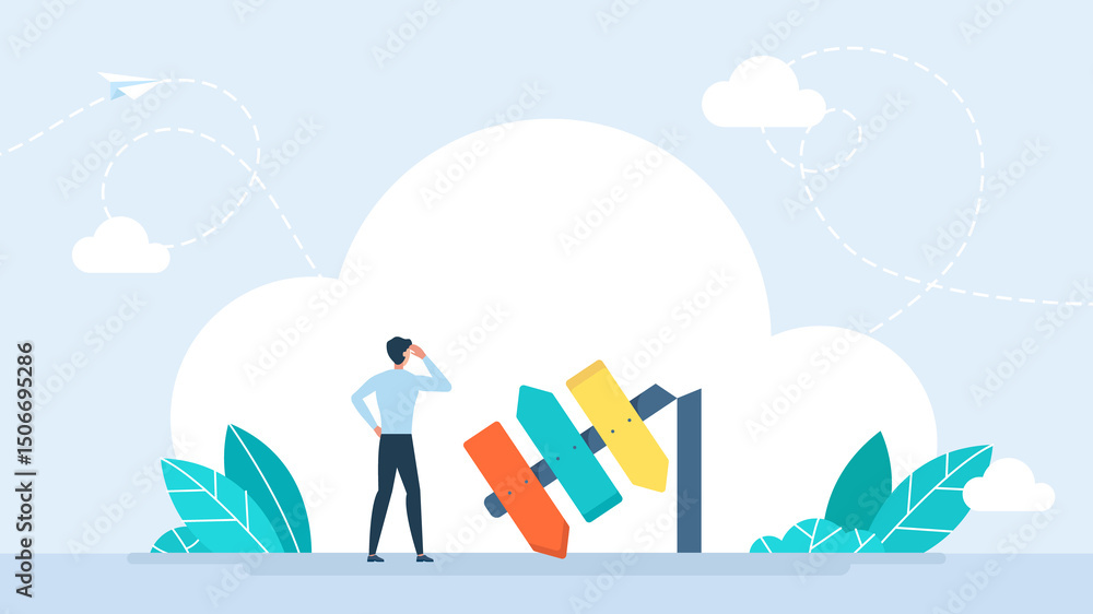 Obraz premium No landmarks. Entrepreneur chooses the path. A man is thinking near the direction indicator. Businessman in front of a choice, chooses the path. Businessman is thinking. Flat illustration