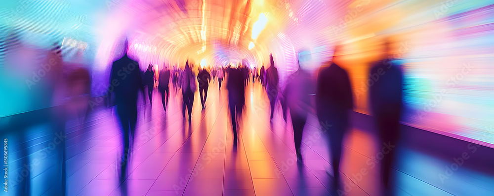 Abstract Motion Blur of People in a Modern Futuristic Walkway with Bright Neon Colors Abstract Motion Blur of People in a Modern Futuristic Walkway with Bright Neon Colors