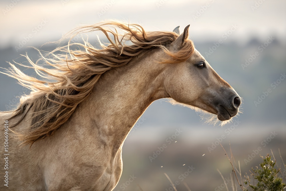 Obraz premium Majestic Palomino Horse with Flowing Mane in Misty Field – Photorealistic 8K Scene with Dramatic Lighting
