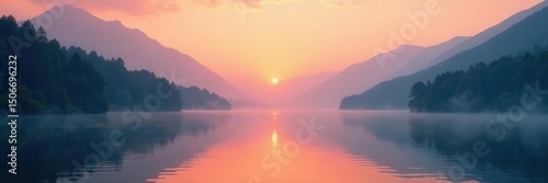 Wallpaper Mural Misty sunrise over tranquil lake, mountains shrouded in fog, romantic ambiance, mysterious, calm, summer Torontodigital.ca