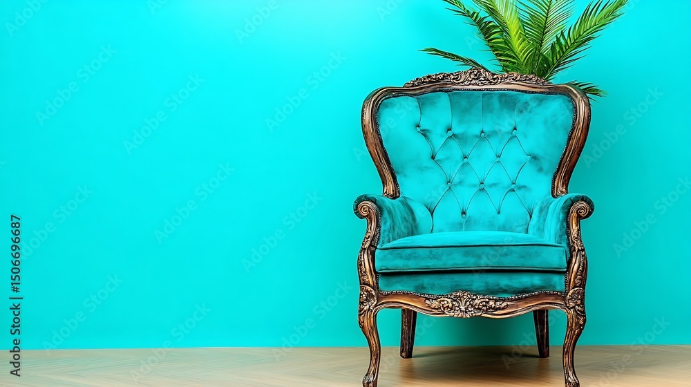 Fototapeta premium Teal Velvet Armchair Against Turquoise Wall