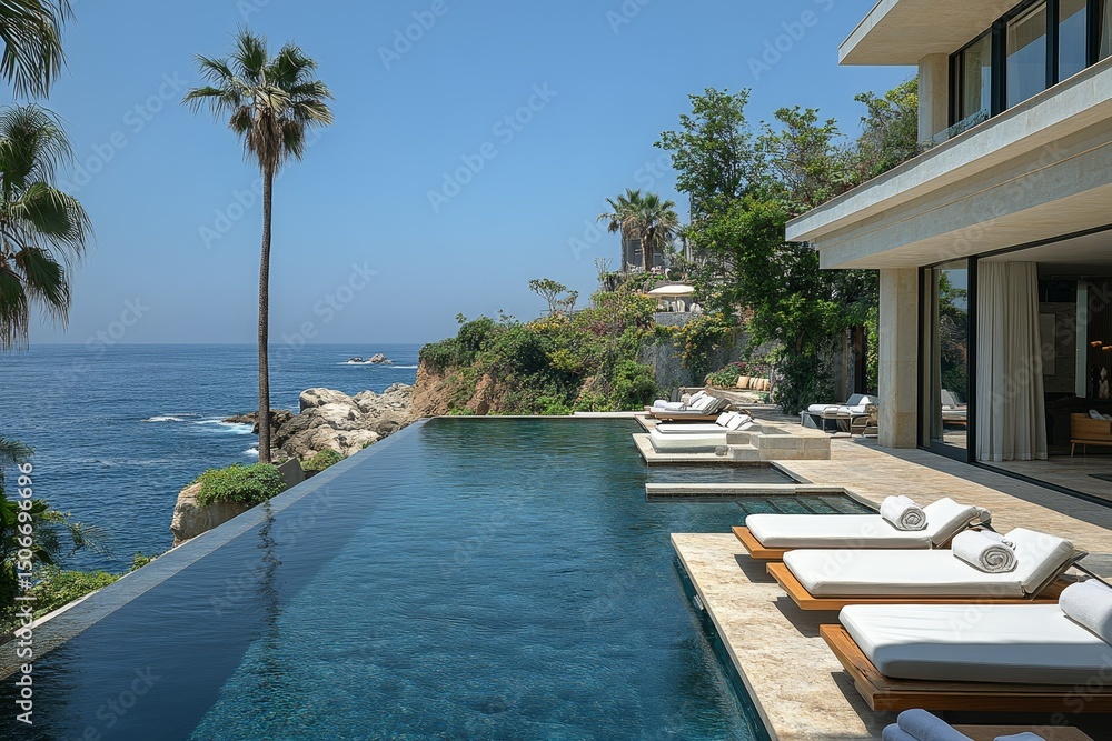 Fototapeta premium Oceanfront villa infinity pool, cliffside luxury