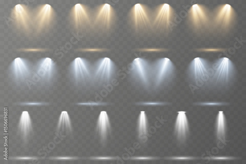 Realistic spotlights shine brightly on transparent background.
Soft projector beams reflect subtly on glossy floor.
Focused light rays create dramatic stage composition.
Concert lighting glows