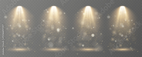 Realistic spotlights shine brightly on transparent background.
Soft projector beams reflect subtly on glossy floor.
Focused light rays create dramatic stage composition.
Concert lighting glows