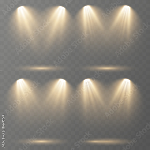 Stage spotlights emit strong white directional light beams.
Reflections add depth to spotlight scenes on floor.
Transparent allows seamless web or poster use.
Concert lighting set includes soft beams