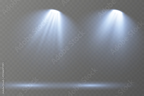 Realistic spotlights shine brightly on transparent background.
Soft projector beams reflect subtly on glossy floor.
Focused light rays create dramatic stage composition.
Concert lighting glows