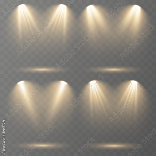 Realistic spotlights shine brightly on transparent background.
Soft projector beams reflect subtly on glossy floor.
Focused light rays create dramatic stage composition.
Concert lighting glows