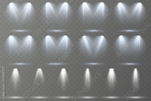 Realistic spotlights shine brightly on transparent background.
Soft projector beams reflect subtly on glossy floor.
Focused light rays create dramatic stage composition.
Concert lighting glows