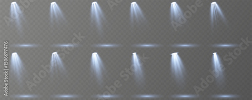 Realistic spotlights shine brightly on transparent background.
Soft projector beams reflect subtly on glossy floor.
Focused light rays create dramatic stage composition.
Concert lighting glows