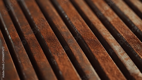 Photograph of corrugated metal with rust and texture, creating linear patterns.