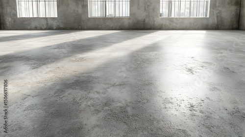 Concrete room photograph with strong directional sunlight and vertical window lines.