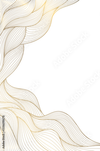Vector line wave corners, gold on white isolated art luxury graphic, cloud frame. Premium asian sea, curve art shape abstract texture. Art deco organic fancy pattern, background.