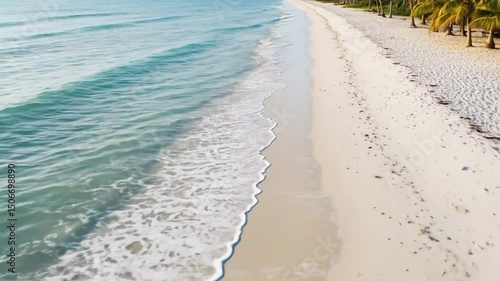 Waves Washing Up on Sandy Beach with Palm Trees Aerial View