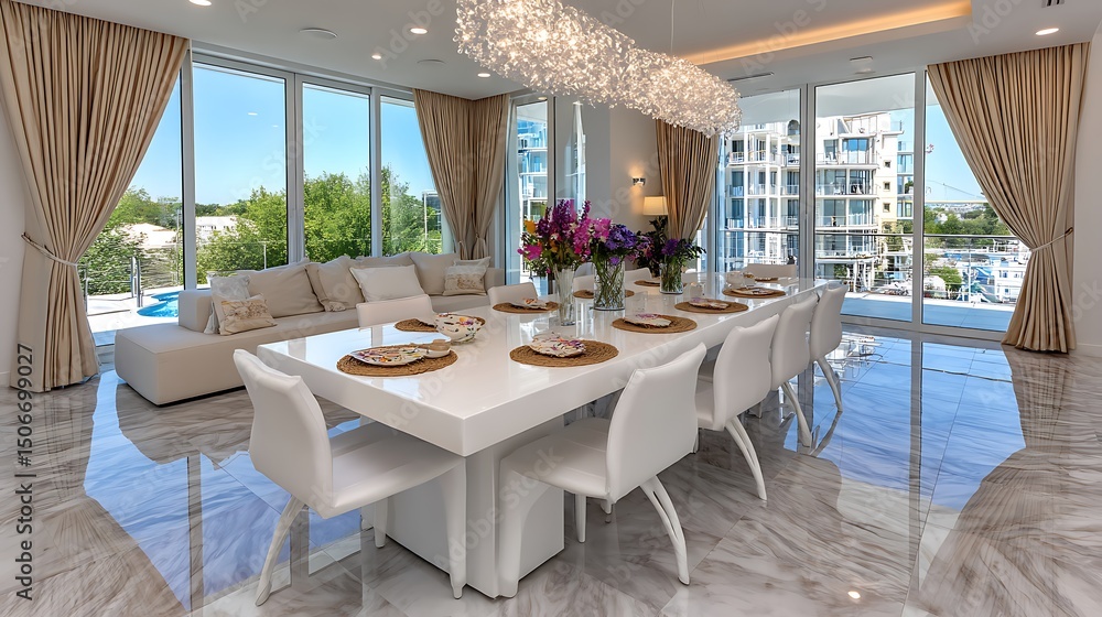 Obraz premium Elegant Modern Dining Room with Scenic View and Chic Decor in Bright Natural Light