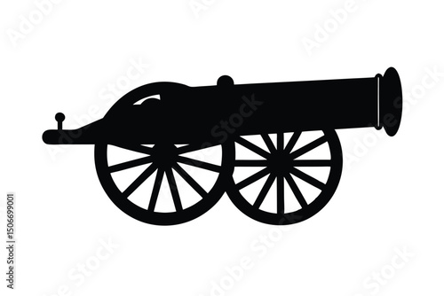 Silhouette of an old cannon on wheels