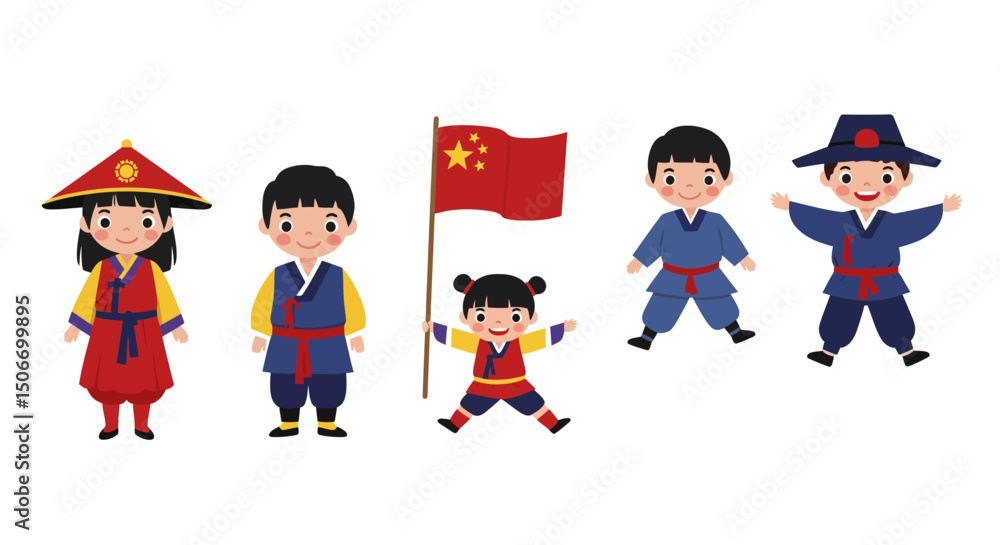 Cartoon Children Wearing Traditional Asian Clothing with Chinese Flag Cartoon Children Wearing Traditional Asian Clothing with Chinese Flag