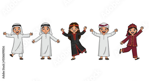 Cartoon Children in Traditional Middle Eastern Clothing with Arms Raised