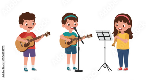 Cartoon Children Playing Musical Instruments Guitar and Clarinet