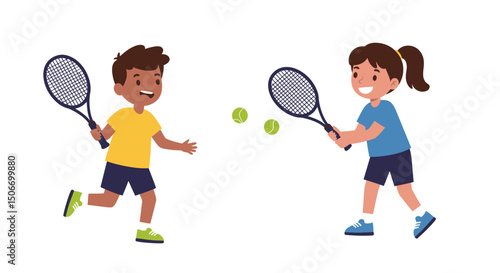 Cartoon Children Playing Tennis with Rackets and Balls