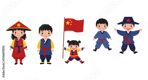 Cartoon Children Wearing Traditional Asian Clothing with Chinese Flag