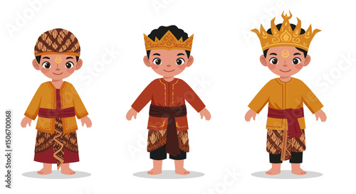 Three Boys in Traditional Indonesian Attire with Crowns and Headwear