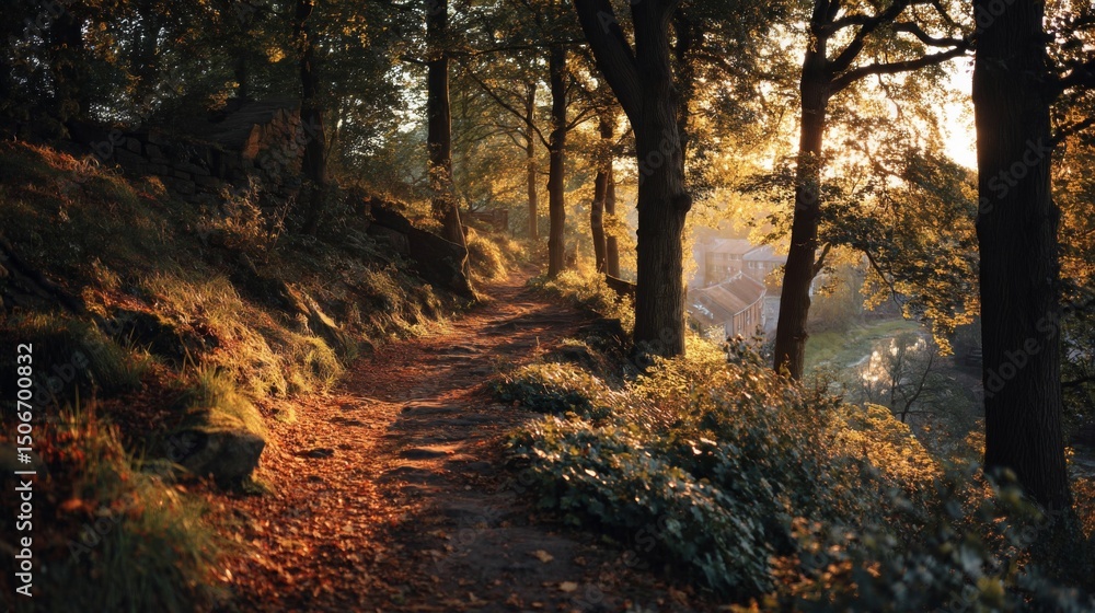 Obraz premium Sunlit Autumn Path Through Lush Forest