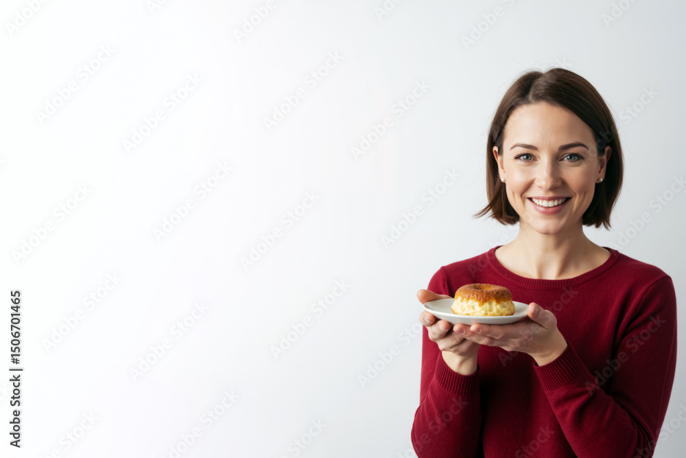 Happy woman in red sweater holding a small dessert. Smiling young female with a cake, food portrait with copy space for text on white background. Happy woman in red sweater holding a small dessert. Smiling young female with a cake, food portrait with copy space for text on white background.
