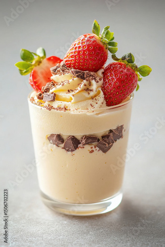 A beautiful dessert of whipped cream topped with a few strawberries and grated chocolate, all beautifully arranged In a transparent glass