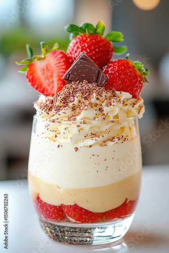 A beautiful dessert of whipped cream topped with a few strawberries and grated chocolate, all beautifully arranged In a transparent glass