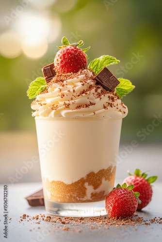 A beautiful dessert of whipped cream topped with a few strawberries and grated chocolate, all beautifully arranged In a transparent glass