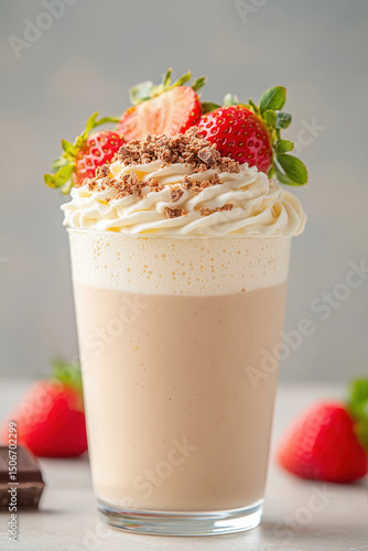 A beautiful dessert of whipped cream topped with a few strawberries and grated chocolate, all beautifully arranged In a transparent glass