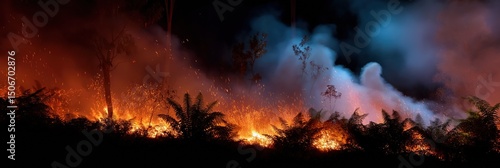 Intense forest fire at night with smoke and embers in wilderness