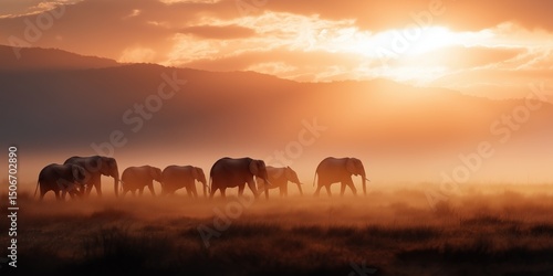 African elephants walking at sunset in scenic savanna landscape