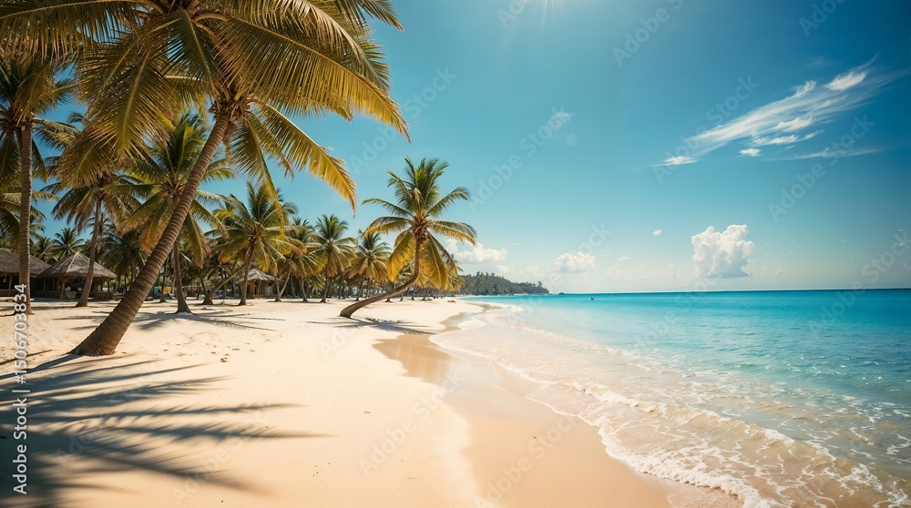 Obraz premium Tropical Paradise: Palm-Lined Beach with Turquoise Water - AI Generated